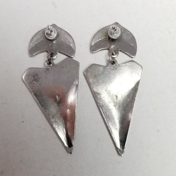 Vintage Silver Tone and Black Enamel Triangle Dangle Stud Earrings, Bold Design - Picture 3 of 6